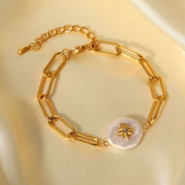 

new arrival stainless steel chain 18k gold plated star studded pearl cross buckle paperclip link chain bracelet jdb201191, Black