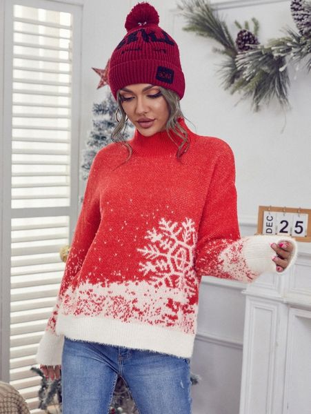 

mock neck christmas snowflake pattern sweater a3vn#, White;black