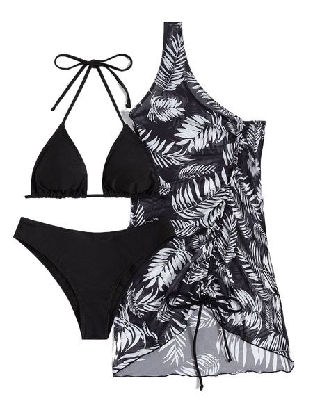 

plant print halter triangle bikini swimsuit with cover up e4oi#, White;black