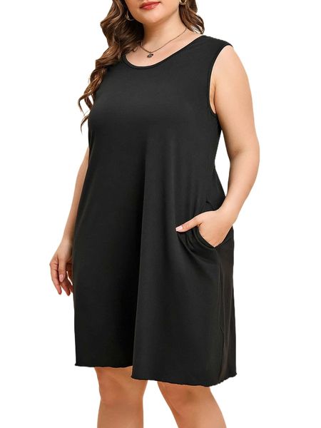 

plus hidden slant pockets criss cross tank dress 93fd#, Black