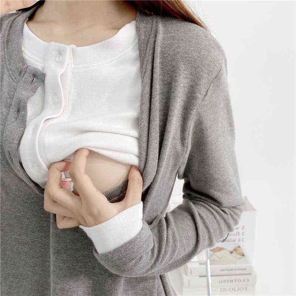 

knitting fake 2 piece solid color t-shirts breastfeeding clothing sweater maternity 2112 l220801, White