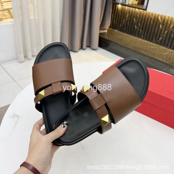 

dress shoes spring and summer leather face with rivets flat bottom thick anti-skid wear-resistant casual slippers fashion style, Black