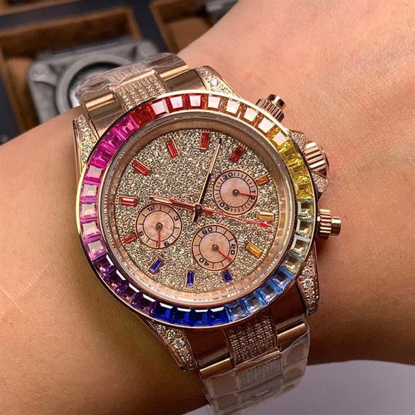 

zircon full diamond steel bracelet watches automatic mechanical mens watch 43mm montre de luxe lady wristwatches rainbow diamond r2063, Slivery;brown