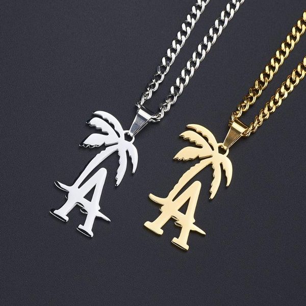 

pendant necklaces hip hop west coast rapper la palm tree titanium steel necklace cool beach coconut cuban chain jewelry, Silver