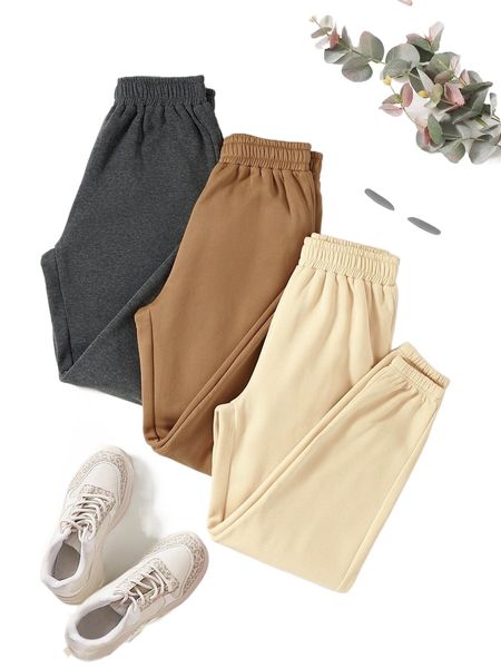 

3pcs solid elastic waist thermal lined sweatpants f9gg#, Black;white