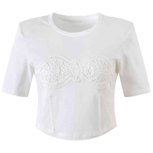 

women's t-shirt summer embroidered lace patchwork round neck short sleeve fashionable slim t-shirt qinx, White