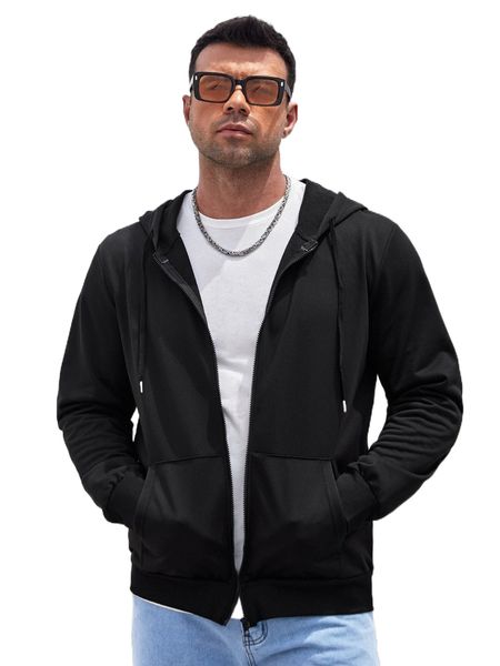 

extended sizes men zip up drawstring hooded sweatshirt w2cx#, Black