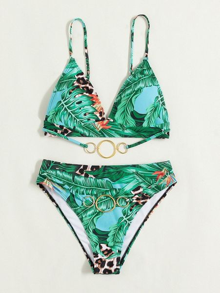 

plant print & leopard bikini swimsuit z0am#, White;black