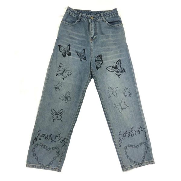 

men's jeans hip hop pants man women streetwear vintage butterfly heart print men trousers 2022 harajuku joggers oversized loose, Blue