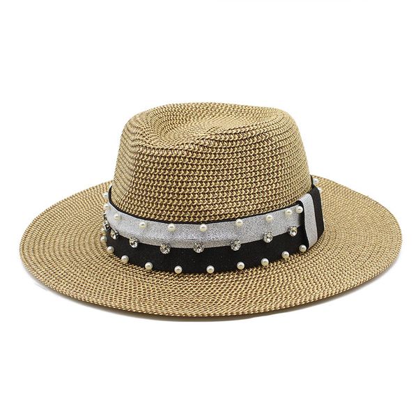 

retro hat for women spring summer outing flat straw caps fashion pearl wide brim sun visor hat hcs170, Blue;gray