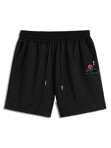 

romwe guys letter mountain graphic drawstring shorts f2ok#, White;black