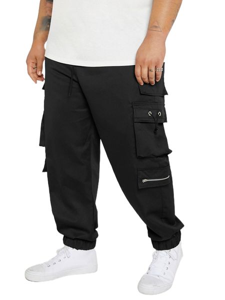 

extended sizes men drawstring waist flap pocket side cargo pants r54j#, Black