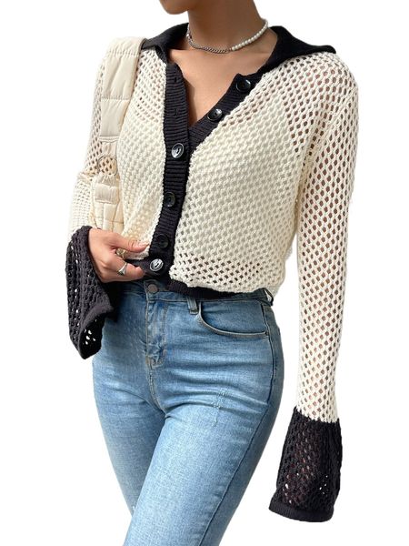 

contrast collar pointelle knit split cuff cardigan p3pr#, White;black