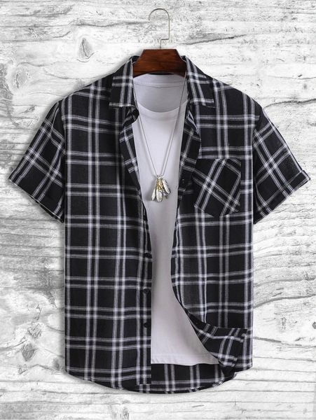 

men 1pc plaid pocket front shirt f9sb#, White;black