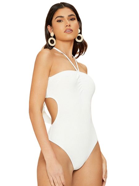 

halter neck backless knot bodysuit n22n#, White
