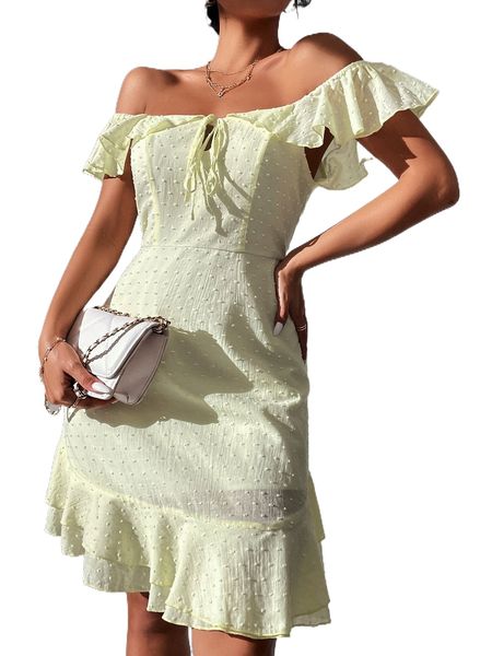 

swiss dot off shoulder knot front ruffle trim dress x5i5#, Black;gray