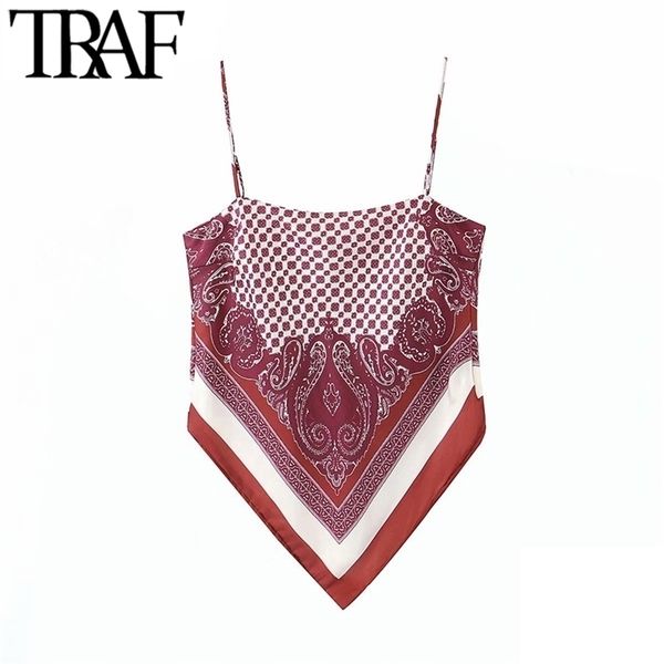 

traf women fashion printed backless bow tie camis tank vintage spaghetti strap summer female shirts chic 220318, White