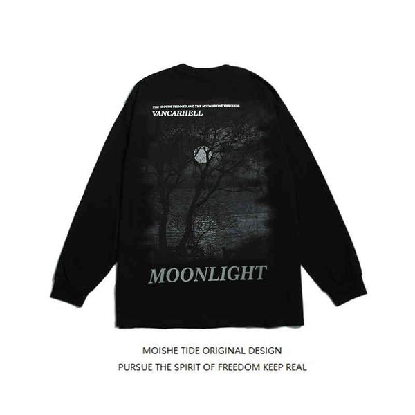 

moishe tide high street dark print round neck sweater men's loose bf hip-hop couple long sleeve t-shirt, Black