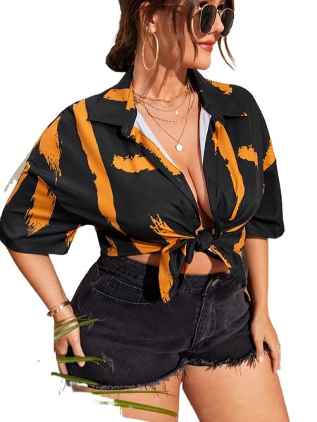 

plus brush print drop shoulder shirt s51j#, Black