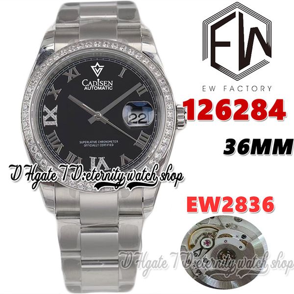 

ewf v3 ew126284 a2836 automatic womens watch 36mm diamonds bezel black dial roman markers 904l steel bracelet with same serial warranty card, Slivery;brown