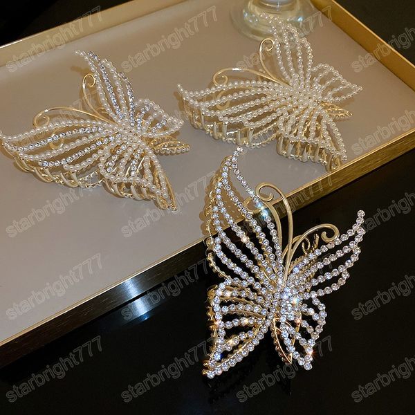 

rhinestone butterfly barrettes hair claw clips for women elegant ponytail holder hairpins clamps hair accessories, Slivery;white
