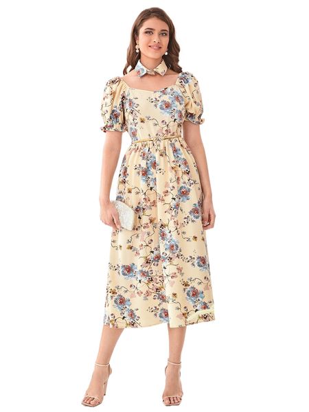 

floral print puff sleeve dress & collar without belt z3vi#, Black;gray