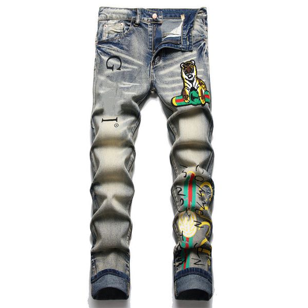 

jeans for men designer jeans street brand retro torn fold stitching motorcycle riding slim fit washed motocycle denim black star national fl, Blue