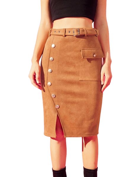 

x selene flisi flap pocket button detail belted suede slit skirt l3ee#, Black