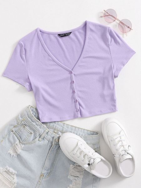 

button front rib-knit tee a3cb#, White