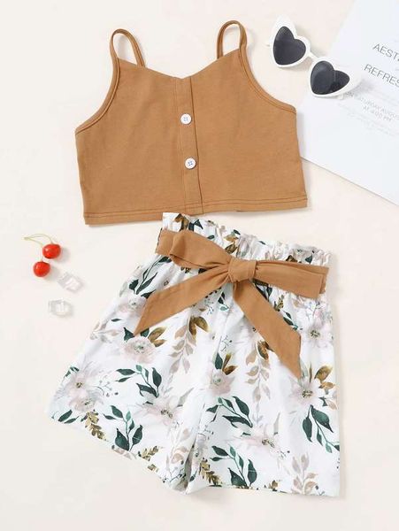 

girls fake button cami & floral print belted shorts she, White