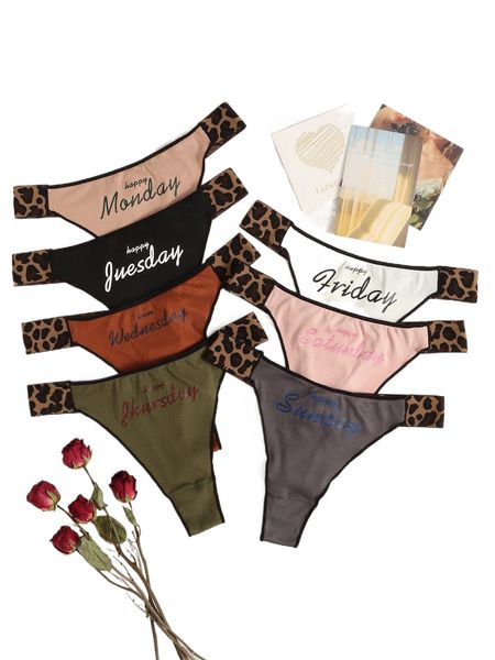 

7pack leopard & letter graphic no show panty set e7rv#, Black;red