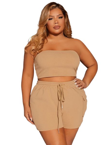 

sxy plus solid crop tube & drawstring waist cargo shorts set 76j8#, Black
