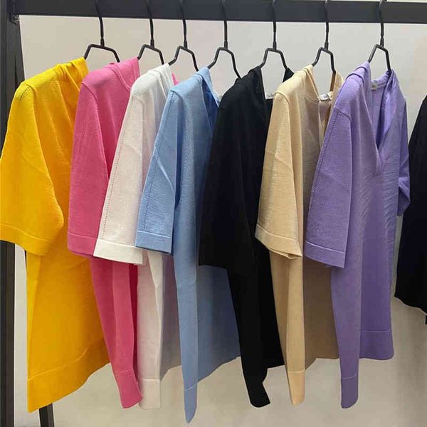 

women's knits tees nu jian xian bai  jia bing silk loose casual hooded v-neck thin short sleeve sweater women, White