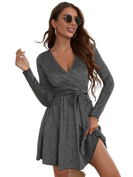 

overlap collar flare hem belted dress g5hj#, Black;gray