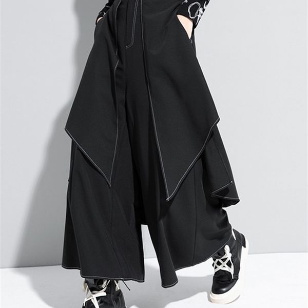 

[eam] high waist black linen split joint long wide leg trousers loose fit pant fashion spring autumn 1da613 220325, Black;white