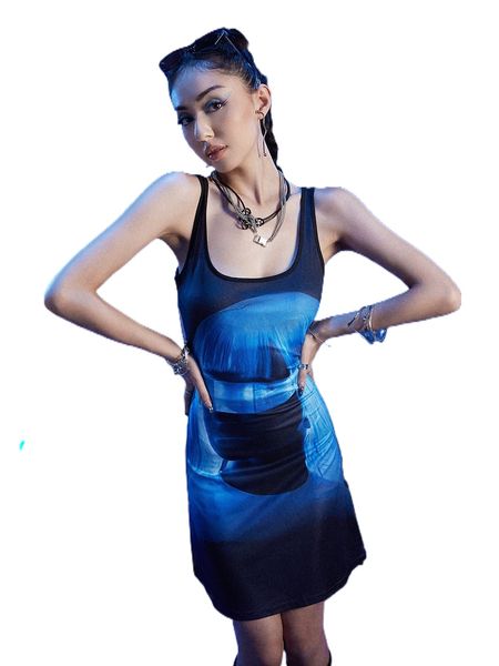 

romwe cyber luvr figure print tank dress w9t4#, Black;gray