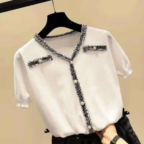 

women's sweaters designer 2021 temperament small fragrance short sleeve ice silk sweater pullover female summer slim fit v-neck nail be, White;black