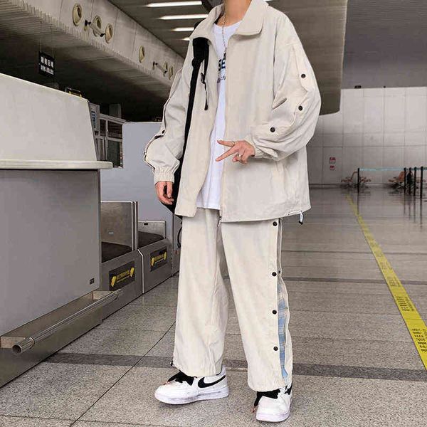 

2021 men's lattice printing tracksuit sets loose casual sports long-sleeved bomer jackets breasted straight casual pants -5xl t220802, Gray