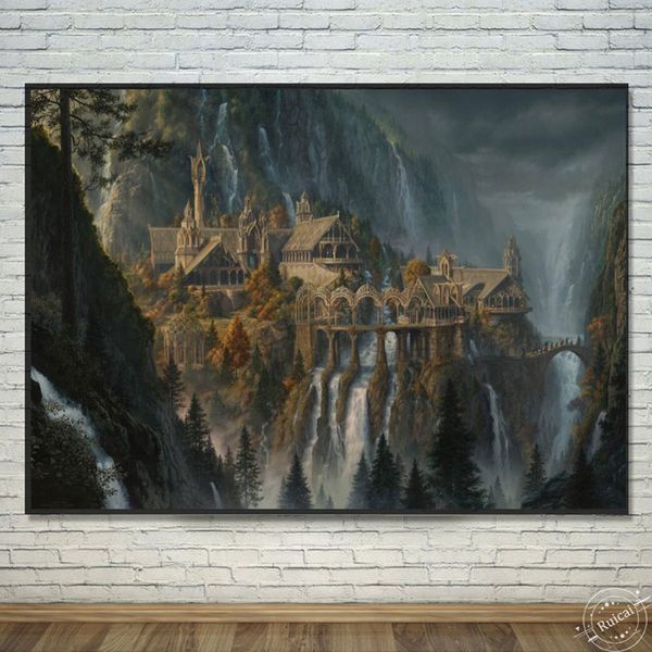 Castle Rivendell Landscape Movie Poster and Prints Painting on Canvas Wall Art One Ring Film Picture for Room Decoration
