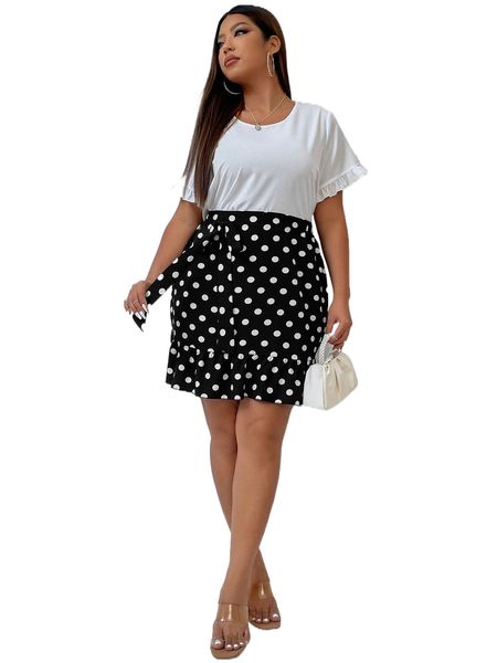 

plus polka dot knot side ruffle hem skirt i1tw#, Black