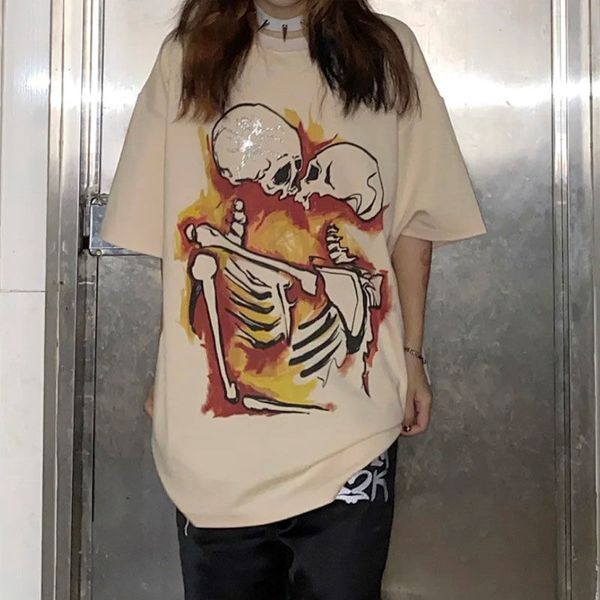 

goth black letter skull oversized t shirt women flame tshirt summer casual loose short sleeve t shirt femme plus size 220615, White