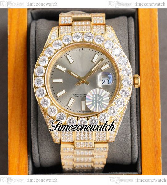 RF 42mm A2813 Orologio automatico da uomo in oro giallo 18 carati con cassa in grande diamante pavé di diamanti argento quadrante grigio con diamanti Bracciale in acciaio Oystersteel Orologi gioielli Timezonewatch F10f6