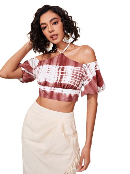 

tie dye halter off shoulder lantern sleeve crop blouse c37h#, White