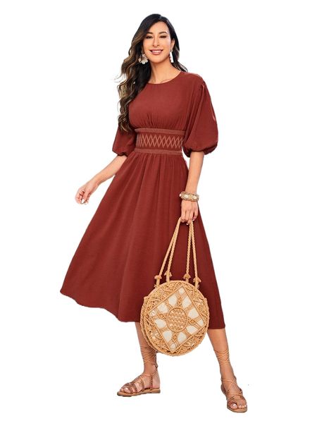 

lantern sleeve geo embroidery shirred waist dress f4z2#, Black;gray