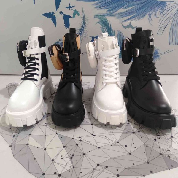 

designer boots rois ankle martin bag boot calfskin leather nylon removable pouch bootie men women cowhide motorcycle thick bottom combat, Black