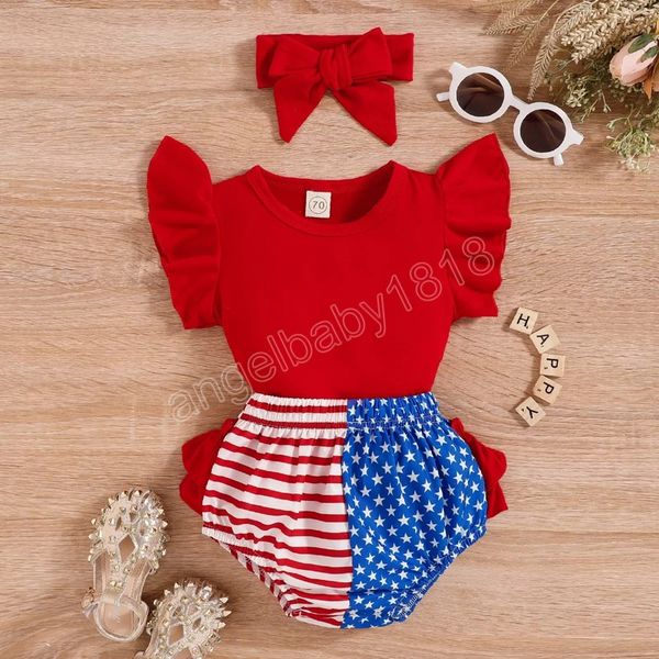 Kinderkleidung Sets Mädchen Unabhängigkeit Tag Outfits Infant Rüschen Flying Sleeve Tops   Stern Streifen Shorts   Stirnband 3 teile / set Sommer Mode Baby Kleidung