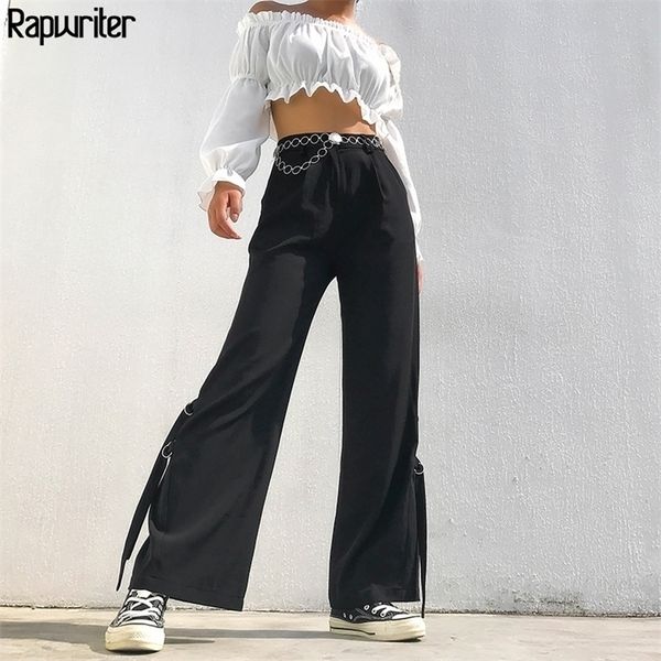 

rapwriter streetwear side ribbon black wide leg pant women autumn high waist button trousers long pant zipper capris pocket 201228, Black;white