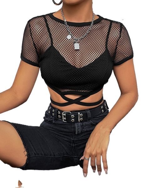 

crisscross tie back mesh crop & solid cami o3lp#, White