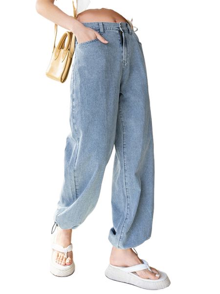 

dazy drawstring hem bleach wash jogger jeans r41f#, Blue