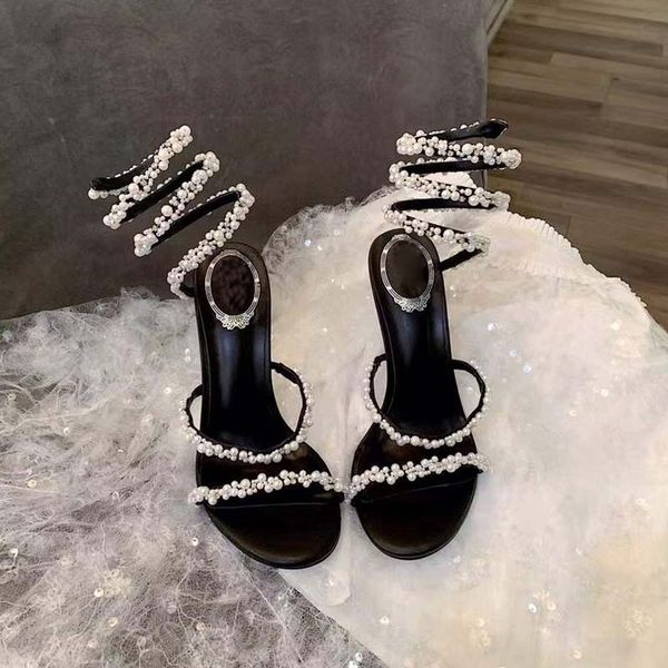 

pearl crystals embellished stiletto heels sandals black evening shoes women high heeled 10mm rhinestone luxury designers wraparound dress sh